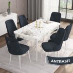 Are Serisi  80 x 132 cm Açılabilir Mdf Beyaz Mermer Desen Masa Takımı  6 Sandalye Gümüş Halkalı