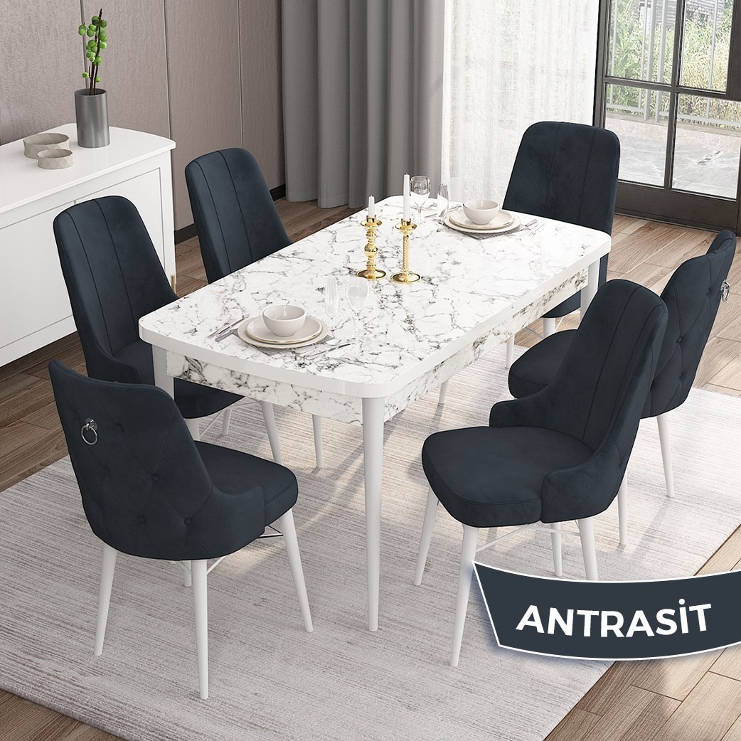 110000258859186.jpg Are Serisi 80 x 132 cm Açılabilir Mdf Beyaz Mermer Desen Masa Takımı 6 Sandalye Gümüş Halkalı - Görsel 1