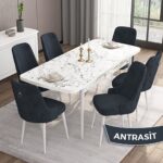 Are Serisi  80 x 132 cm Açılabilir Mdf Beyaz Mermer Desen Masa Takımı  6 Sandalye Gümüş Halkalı - Görsel 2