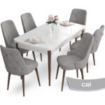 Nev Serisi  80 x 132 cm Açılabilir Beyaz Masa Ceviz Ayak Masa Takımı  6 Sandalye Gümüş Halkalı