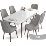Nev Serisi  80 x 132 cm Açılabilir Beyaz Masa Ceviz Ayak Masa Takımı  6 Sandalye Gümüş Halkalı - Görsel 2