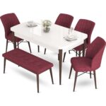 Canisa Concept Aya Serisi  80 x 132 cm  Beyaz Masa Ceviz Ayak Mutfak Masa Takımı  4 Sandalye 1 Bench