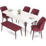 Canisa Concept Aya Serisi  80 x 132 cm  Beyaz Masa Ceviz Ayak Mutfak Masa Takımı  4 Sandalye 1 Bench - Görsel 2