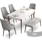 Canisa Concept Taç Serisi  80 x 132 cm Beyaz Masa Ceviz Ayak Yemek Masası Takımı  4 Sandalye Gümüş Halkalı ve 1 Bench