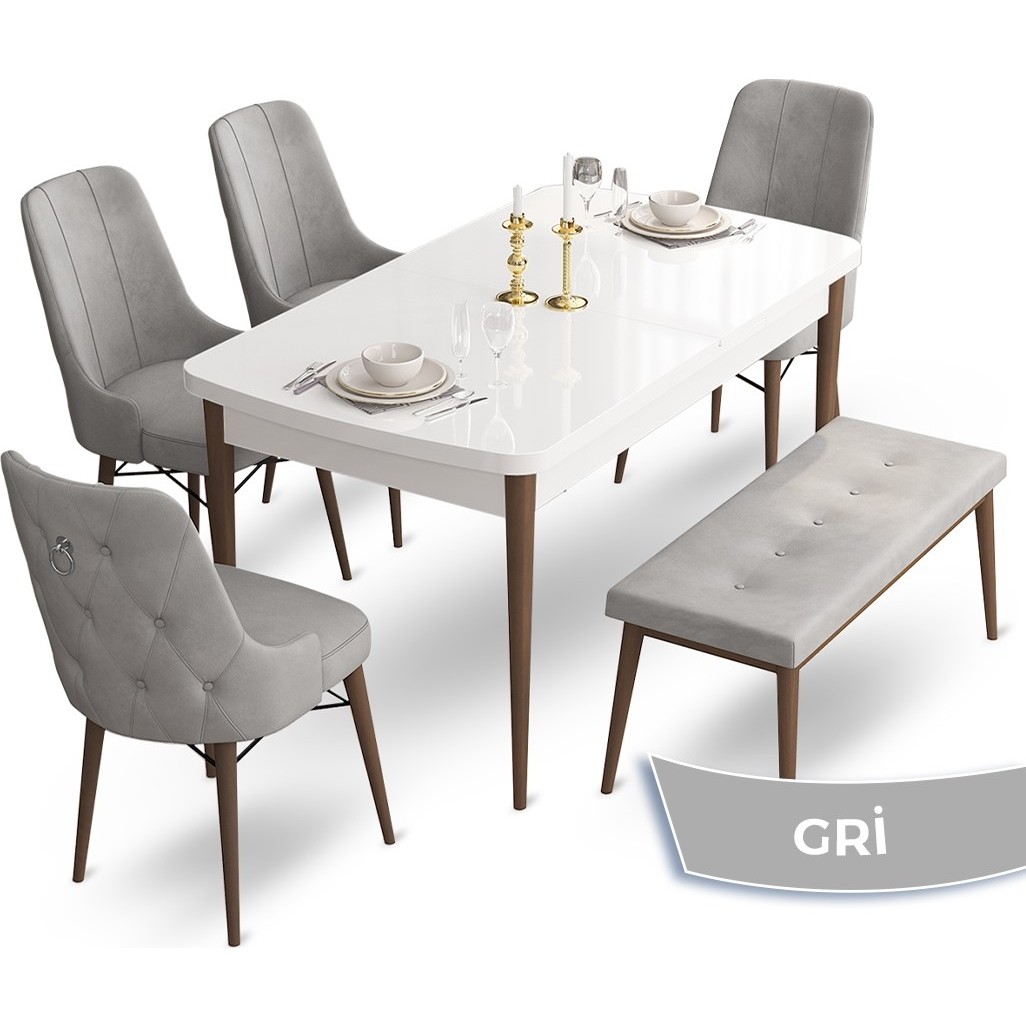 110000259293586.jpg Canisa Concept Taç Serisi 80 x 132 cm Beyaz Masa Ceviz Ayak Yemek Masası Takımı 4 Sandalye Gümüş Halkalı ve 1 Bench - Görsel 1