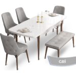 Canisa Concept Taç Serisi  80 x 132 cm Beyaz Masa Ceviz Ayak Yemek Masası Takımı  4 Sandalye Gümüş Halkalı ve 1 Bench - Görsel 2
