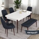 Canisa Concept Ram Serisi 80 x 132 cm Mutfak Masa Takımı Beyaz Masa Kahverengi Ayak 4 Sandalye 1 Bench