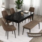 Canisa Concept Ram Serisi 80 x 132 cm Mutfak Masa Takımı Siyah Mermer Desen Masa 4 Sandalye ve 1 Bench