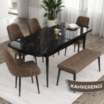 Canisa Concept Ram Serisi 80 x 132 cm Mutfak Masa Takımı Siyah Mermer Desen Masa 4 Sandalye ve 1 Bench - Görsel 2