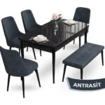 Canisa Concept Yay Serisi, 80X132 Açılabilir Masa Takımı,siyah Mermer Desen Masa 4 Sandalye  1 Bench