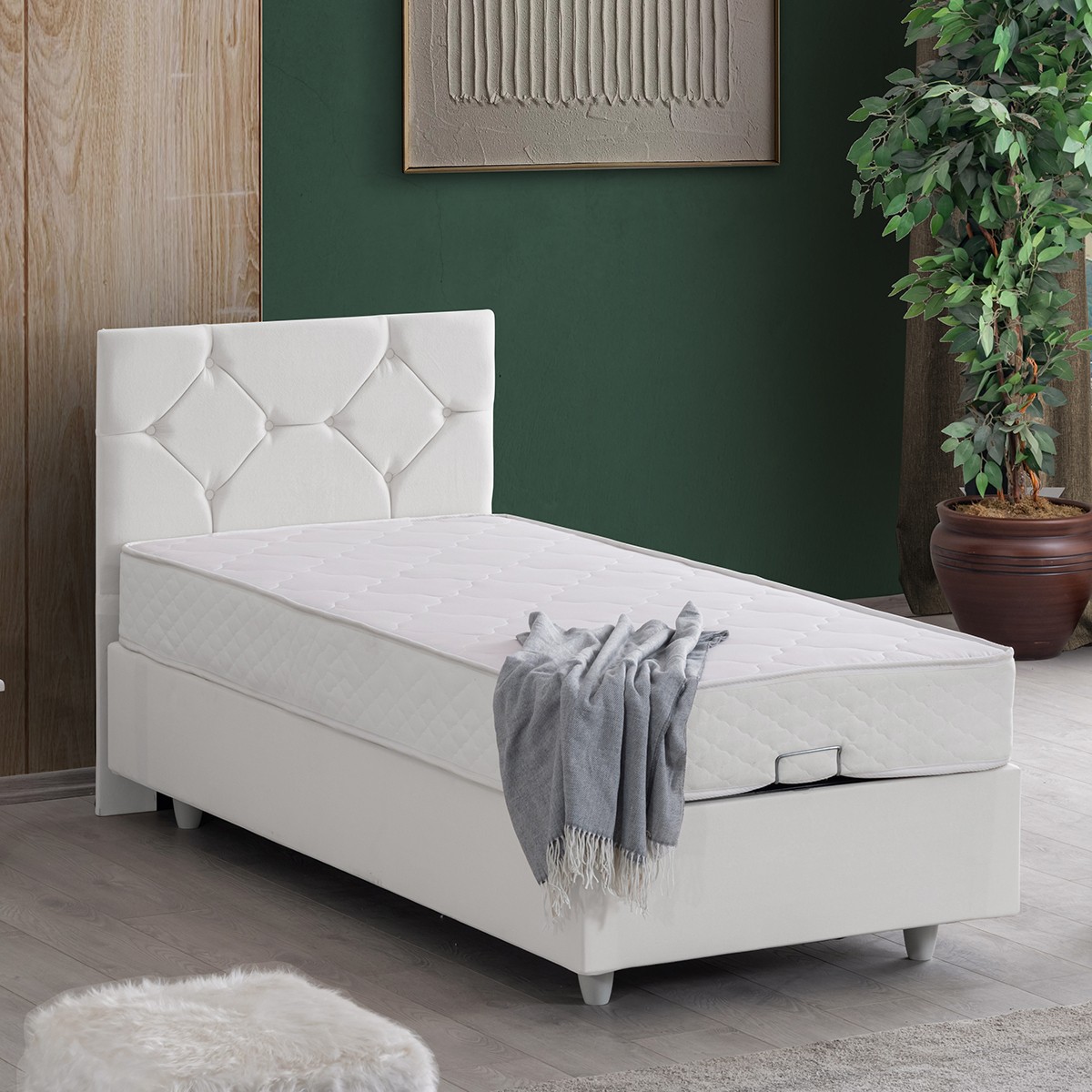 110000278842553.jpg Setay Glamis Tek Kişilik Baza Başlık Letto Yatak Seti - Beyaz - Görsel 1