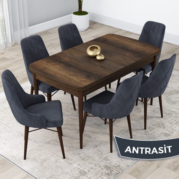 Canisa Concept Kar Serisi  Açılabilir 80 x 132 cm Mdf Mutfak Masa Takımı Barok Ahşap Desen Masa 6 Sandalye