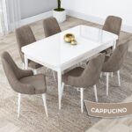Kar Serisi 80 x 132 cm Açılabilir Mdf Mutfak Masa Takımı Beyaz Masa 6 Sandalye