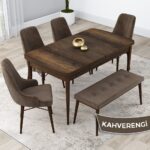 Canisa Concept Kar Serisi, 80X132 Açılabilir Mdf Mutfak Masa Takımı, Barok Ahşap Desen Masa 4 Sandalye 1 Bench