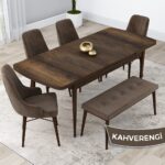 Canisa Concept Kar Serisi, 80X132 Açılabilir Mdf Mutfak Masa Takımı, Barok Ahşap Desen Masa 4 Sandalye 1 Bench - Görsel 2