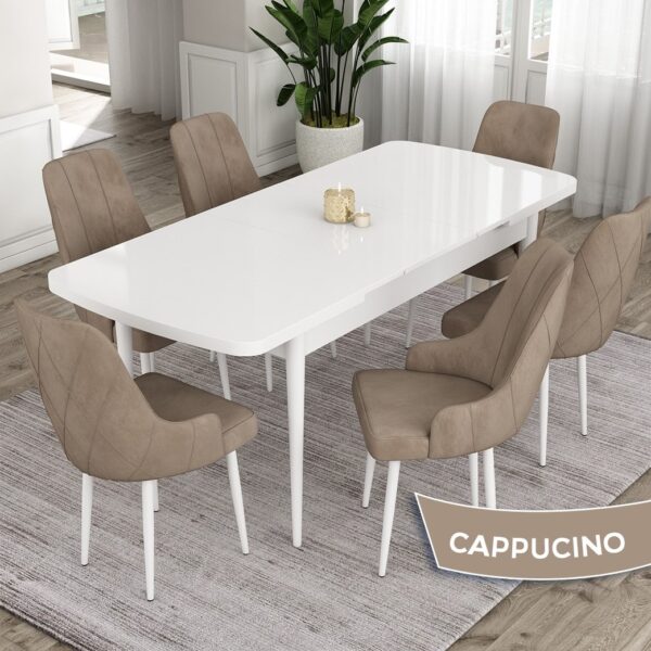 Canisa Concept Eta Serisi 80 x 132 cm Açılabilir Mdf Mutfak Masa Takımı Beyaz Masa 6 Sandalye