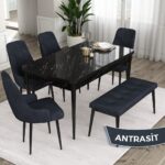 Canisa Concept Eta Serisi 80 x 132 cm Açılabilir Mdf Mutfak Masa Takımısiyah Mermer Desen Masa 4 Sandalye ve 1 Bench