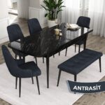 Canisa Concept Eta Serisi 80 x 132 cm Açılabilir Mdf Mutfak Masa Takımısiyah Mermer Desen Masa 4 Sandalye ve 1 Bench - Görsel 2