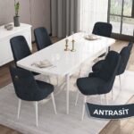 Canisa Concept Are Serisi,  Mdf 80X132 Açılabilir Beyaz Mutfak Masa Takımı, 6 Sandalye Gold Halkalı