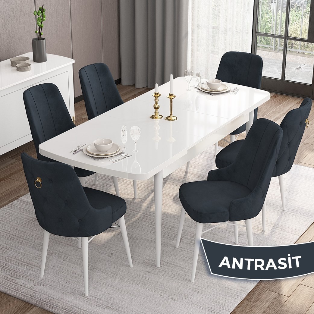 110000290869853.jpg Canisa Concept Are Serisi, Mdf 80X132 Açılabilir Beyaz Mutfak Masa Takımı, 6 Sandalye Gold Halkalı - Görsel 1