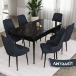 Canisa Concept Ram Serisi 80X132 Açılabilir Siyah Mermer Desen Yemek Masası Takımı 6 Babyface Kumaş Sandalye