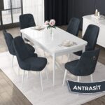 Canisa Concept Nex Serisi, Beyaz 80 x 132 cm Mdf Mutfak Masası Takımı Metal Iskelet, 6 Sandalye Gold Halka