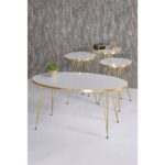 Gold Falez Zigon Sehpa ve Orta Sehpa Beyaz Elips Set Tel Ayak Gold