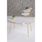 Gold Falez Zigon Sehpa ve Orta Sehpa Beyaz Elips Set Tel Ayak Gold - Görsel 4