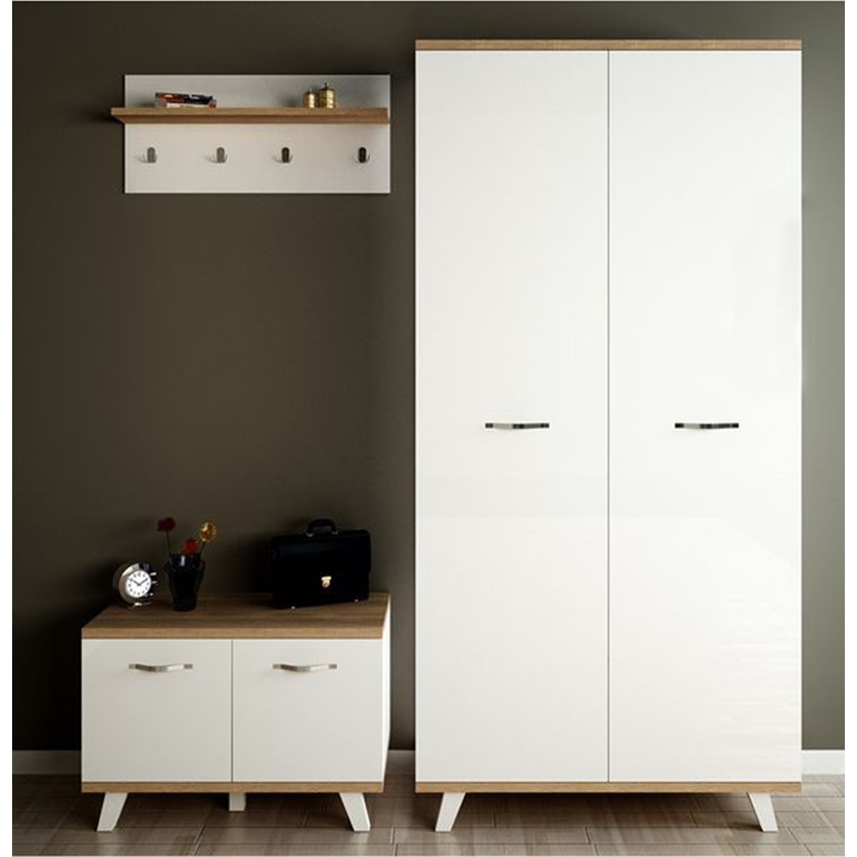 110000340760513.jpg Aeka AE-1075 Poli Vestiyer Takımı 2 Kapaklı Askılıklı Ayakkabılık - Görsel 1