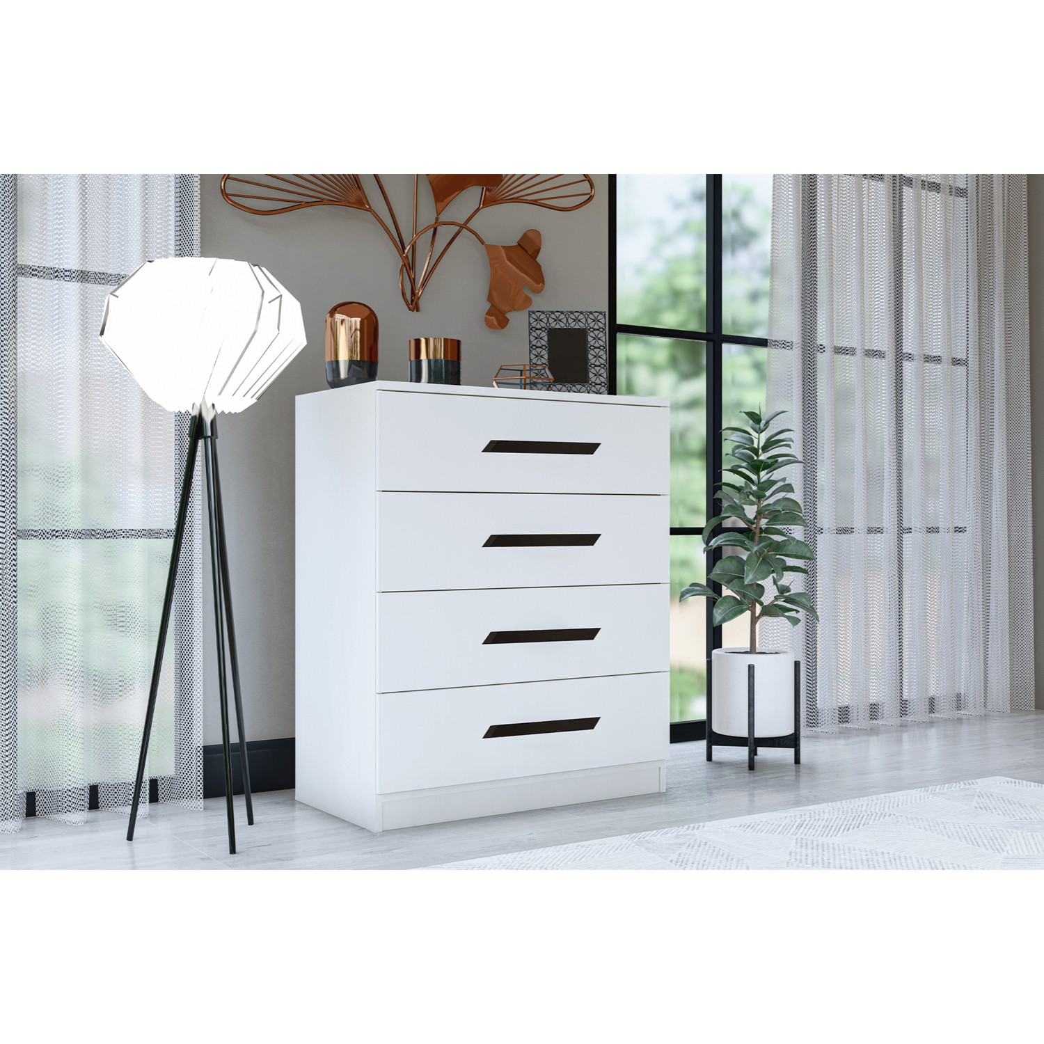 110000346954045.jpg Metalia Gm 084 Almina 4 Çekmeceli Siyah Kulplu Beyaz Şifonyer - Görsel 1