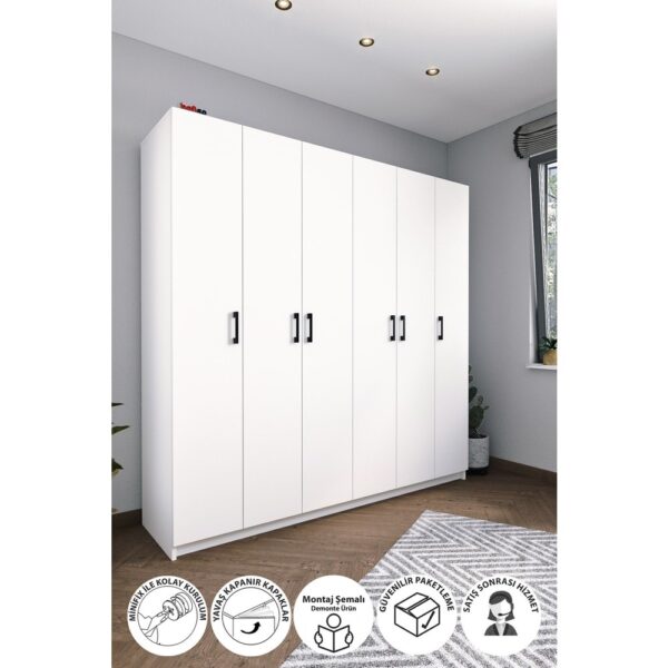 Bofigo 6 Kapaklı 16 Raflı Gardırop Elbise Dolabı 6 Kapaklı Gardırop Beyaz