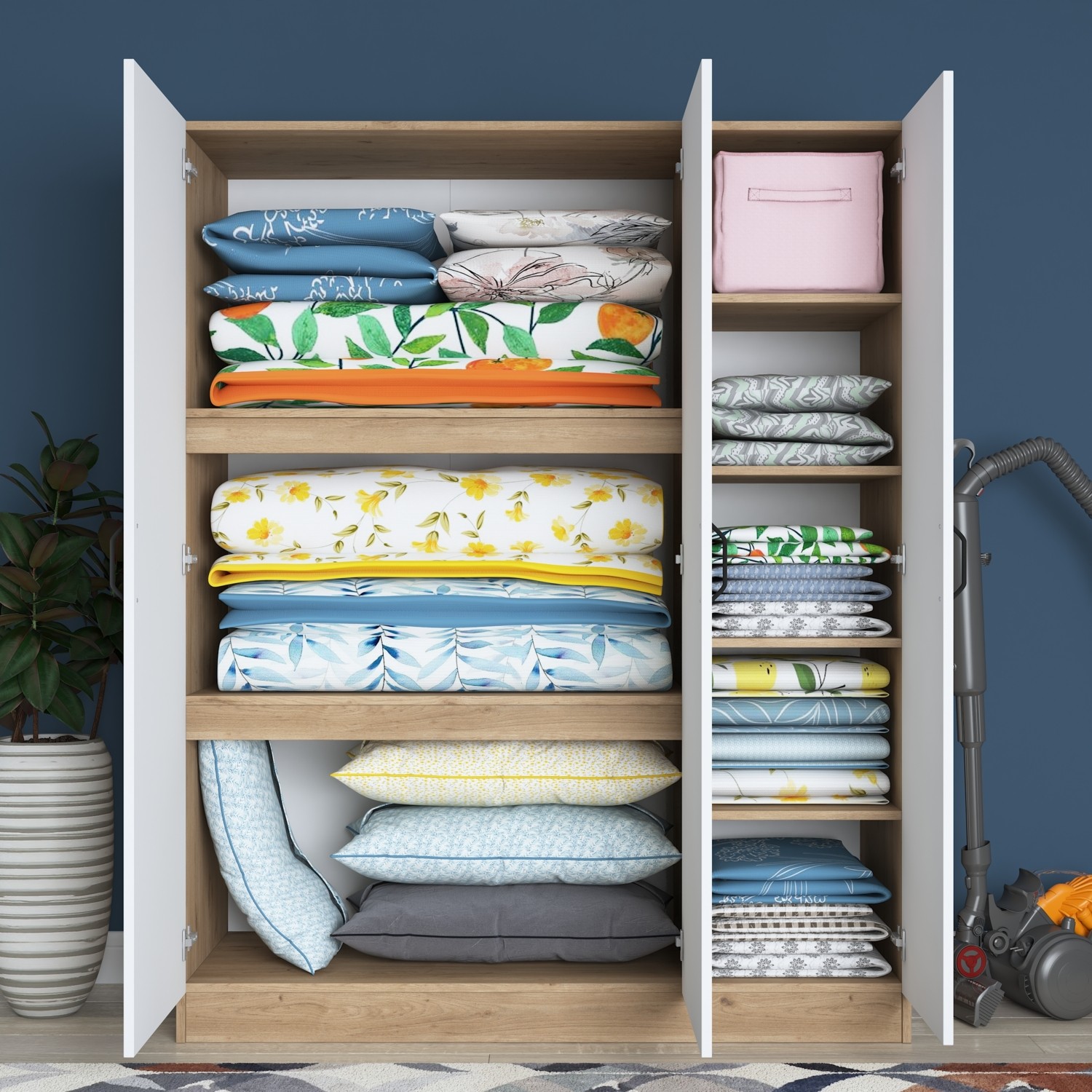 110000389165835.jpg Rani BA105 Yüklük 3 Kapaklı 8 Raflı Yatak Yorgan Yastık Saklama Dolabı Sepet Ceviz - Beyaz - Görsel 1