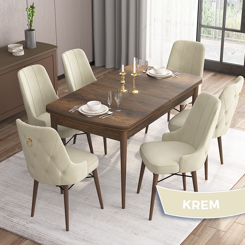 110000395069661.jpg Are Serisi, 80X132 Açılabilir Mdf Masa, Barok Ahşap Desenli Mutfak Masa Takımı 6 Sandalye - Görsel 1