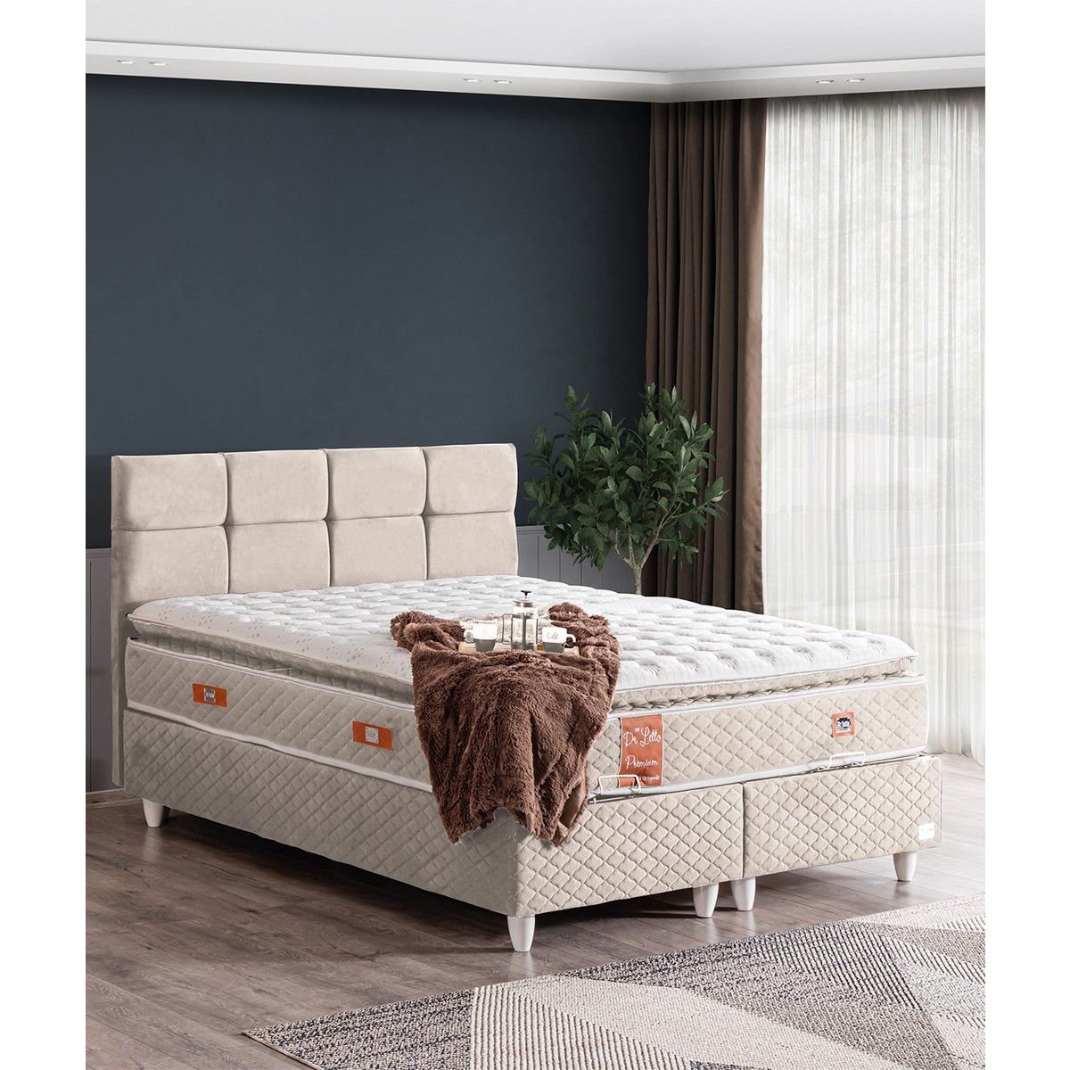 110000395692059.jpg Setay Gümüş Çift Kişilik Baza Başlık Real Pedli Yatak Seti - Krem - Görsel 1