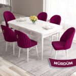 Roz Serisi 80X132 Mdf Açılabilir Beyaz Mutfak Masası Takımı 6 Sandalye Gold Halkalı