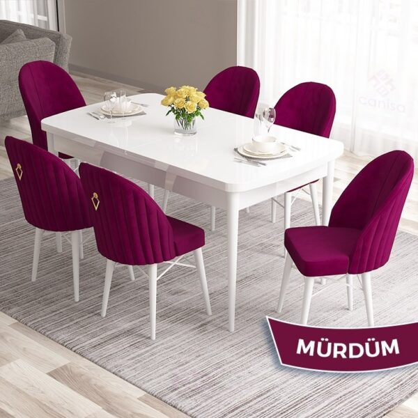 Roz Serisi 80X132 Mdf Açılabilir Beyaz Mutfak Masası Takımı 6 Sandalye Gold Halkalı