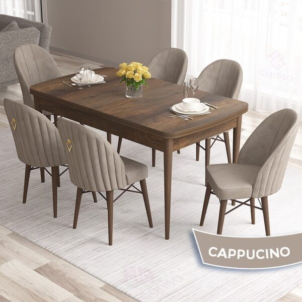 Roz Serisi 80X132 Mdf Açılabilir Barok Ahşap Desen 6 Sandalye Gold Halkalı