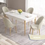 Roz Serisi 80X132 Mdf Beyaz Mutfak Masası Takımı Beyaz Kafesli 4 Sandalye Gold Halkalı