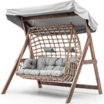 Hier Girne Swing Ahşap Rattan Salıncak Dış Mekan Bahçe Balkon ve Teras Salıncağı Gri