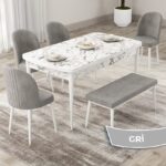 Roe Serisi Açılabilir 80X132 Beyaz Mermer Desen Mutfak Masası Takımı 4 Sandalye 1 Bench