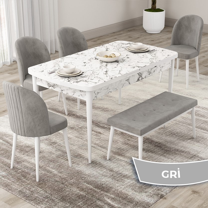 110000459819993.jpg Roe Serisi Açılabilir 80X132 Beyaz Mermer Desen Mutfak Masası Takımı 4 Sandalye 1 Bench - Görsel 1