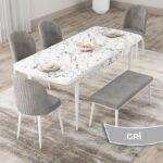 Roe Serisi Açılabilir 80X132 Beyaz Mermer Desen Mutfak Masası Takımı 4 Sandalye 1 Bench - Görsel 2