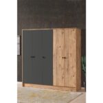 Aeka AE-3059 Diva 5 Kapaklı Çok Amaçlı Askılıklı Raflı Bölmeli Atlantik Çam ve Antrasit Gardırop 180 cm