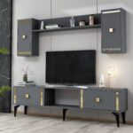 Demonte Dekor Doruk Tv Ünitesi ve Konsol 2'li Salon Takımı Antrasit Altın - Görsel 2