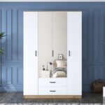 Rani BA131 Geniş Gardırop Elbise Dolabı Aynalı Kapaklı 2 Çekmeceli 13 Raflı 1 Askılı Sepet Ceviz - Beyaz - Görsel 3