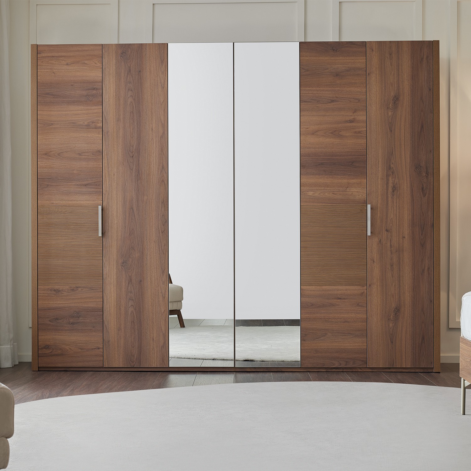 110000567803011.jpg Enza Home Pavia 6 Kapaklı Aynalı Gardırop - Ceviz - Görsel 1