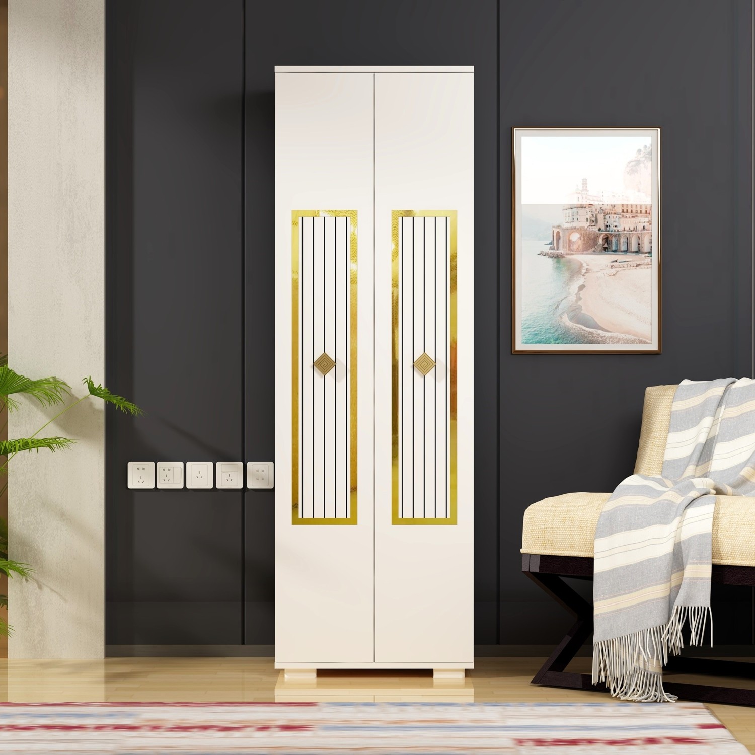 110000578458821.jpg Cantek Dizayn Nora (B) 2 Kapaklı Çok Amaçlı Dolap Beyaz-Altın - Görsel 1