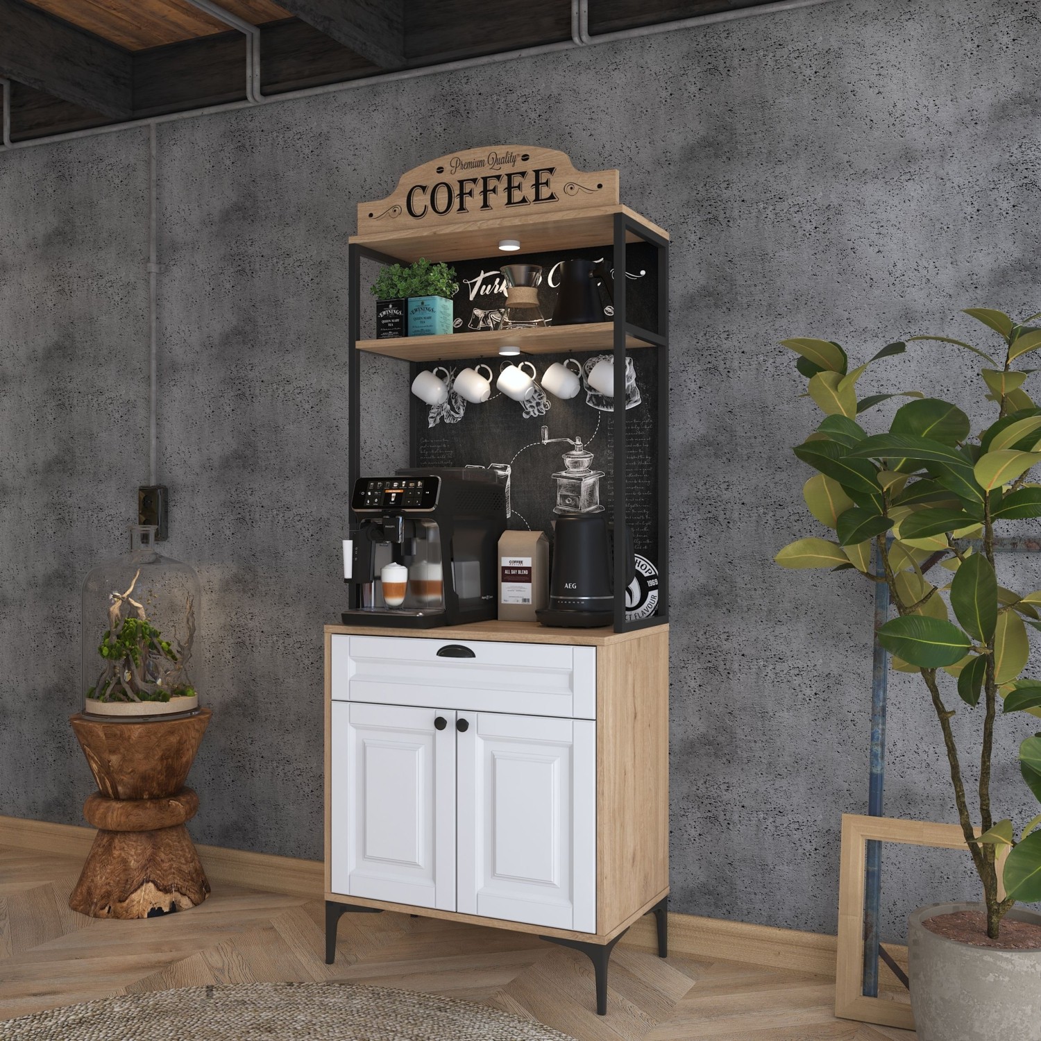 110000613297553.jpg Rani JE157 Işıklı Kahve Köşesi Membran Kapaklı Çekmeceli Çok Amaçlı Mutfak Dolabı Sepet Ceviz - Beyaz - Görsel 1