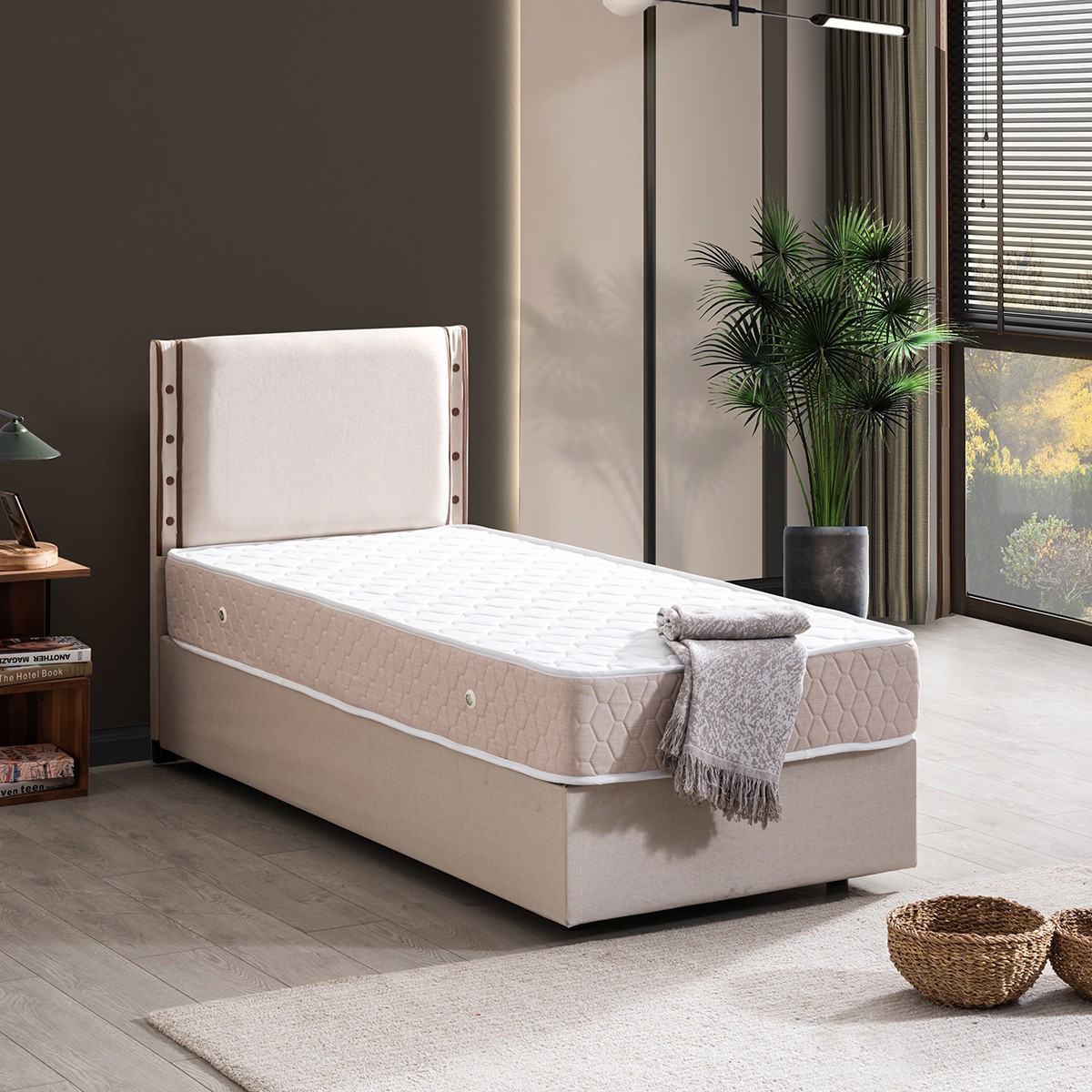 110000622458334.jpg Setay Retro Tek Kişilik Baza Başlık Orthosoft Yatak Seti - Krem - Görsel 1