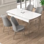 Canisa Pale Serisi 80X132 Açılabilir Beyaz Mutfak Masa Takımı 4 Sandalye Krom Detay